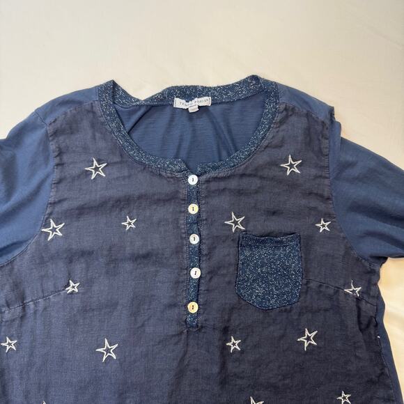 Tempo Paris Navy Star Cotton Linen Blend Blouse Women's Medium Celestial Boho - Picture 7 of 13